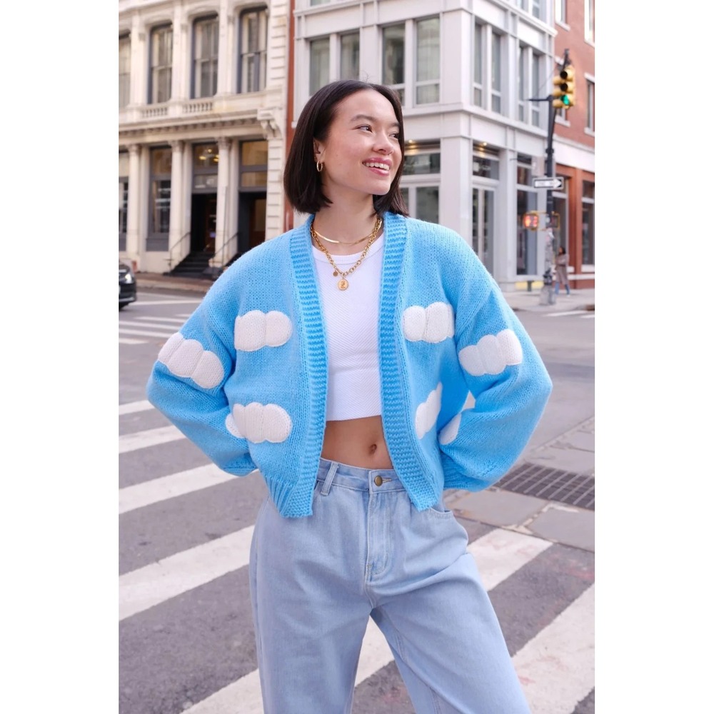 Sky Blue Women's Cardigan with Cloud Design